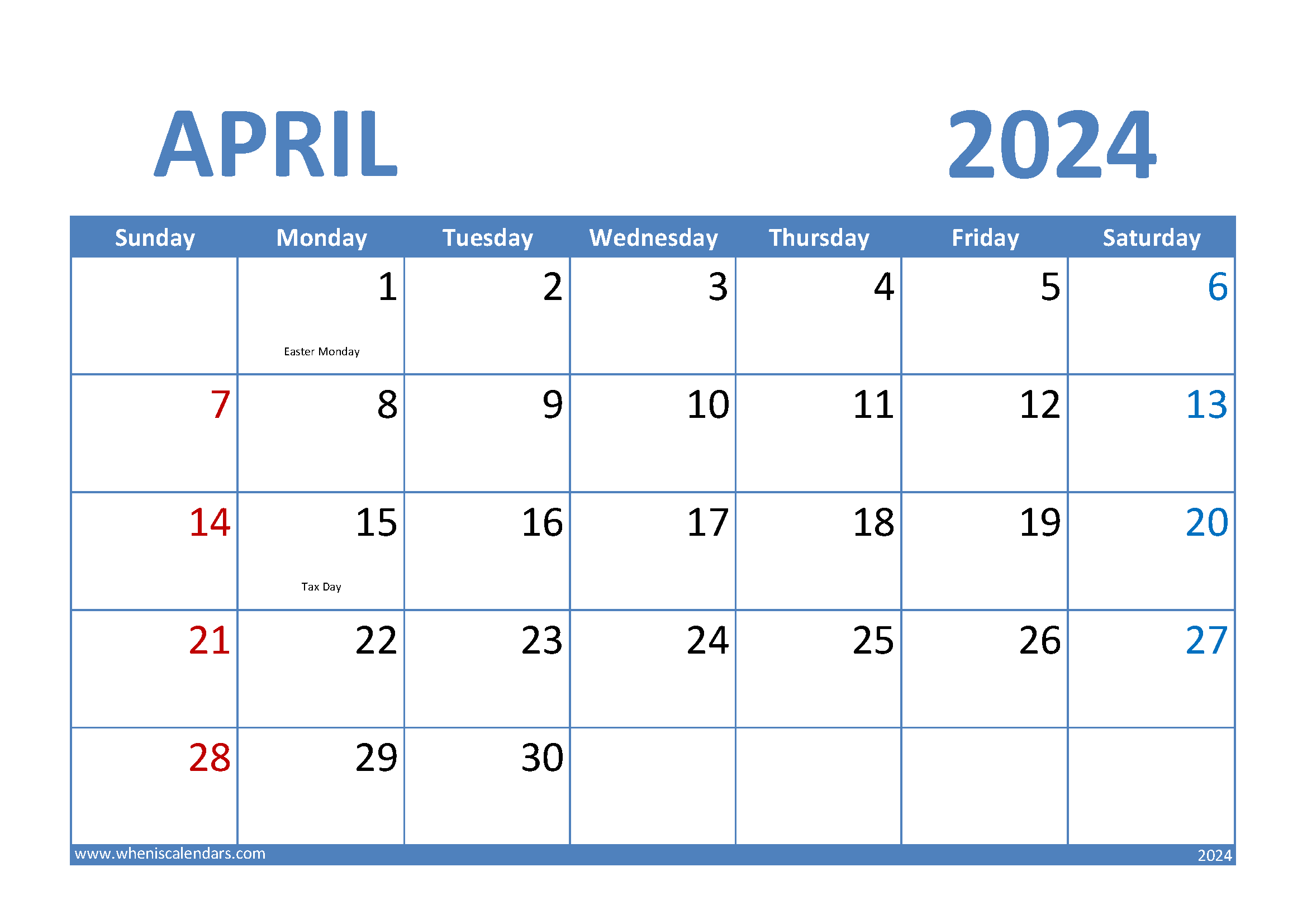 April 2024 Calendar Excel A4006