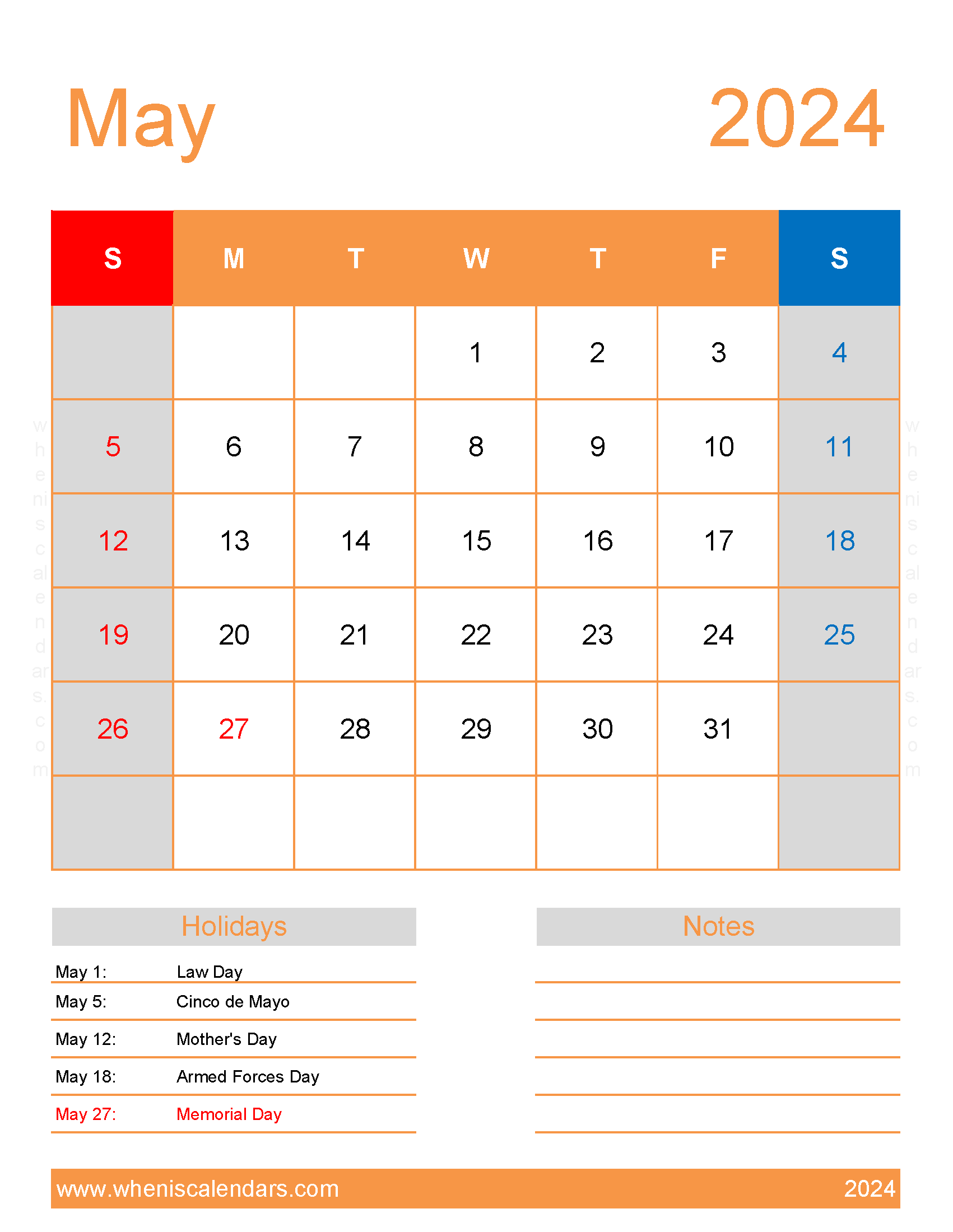 May 2024 Free Calendar Printable M5194