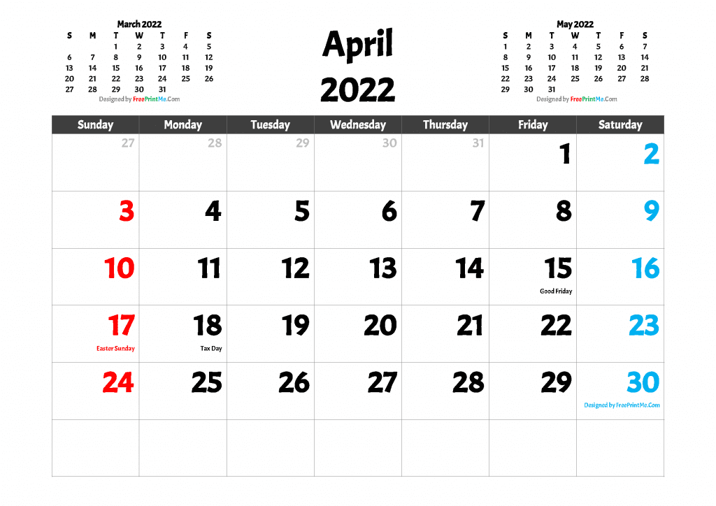 Free Printable April 2022 Calendar with Holidays as PDF and high resolutions Image (.PNG)