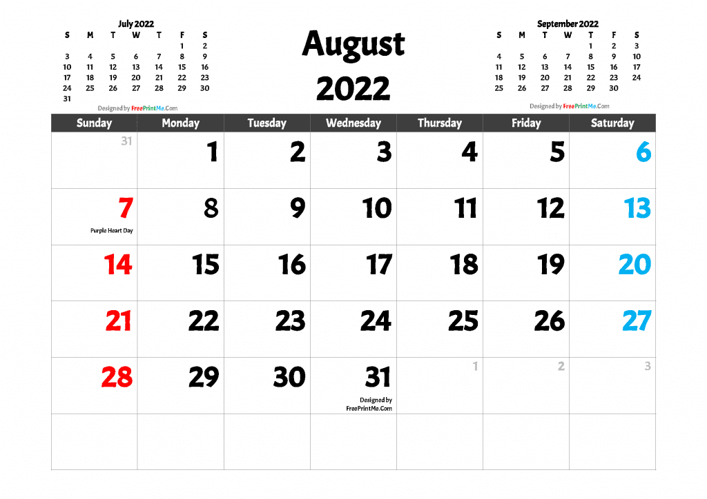 Free Printable August 2022 Calendar with Holidays as PDF and high resolutions Image (.PNG)