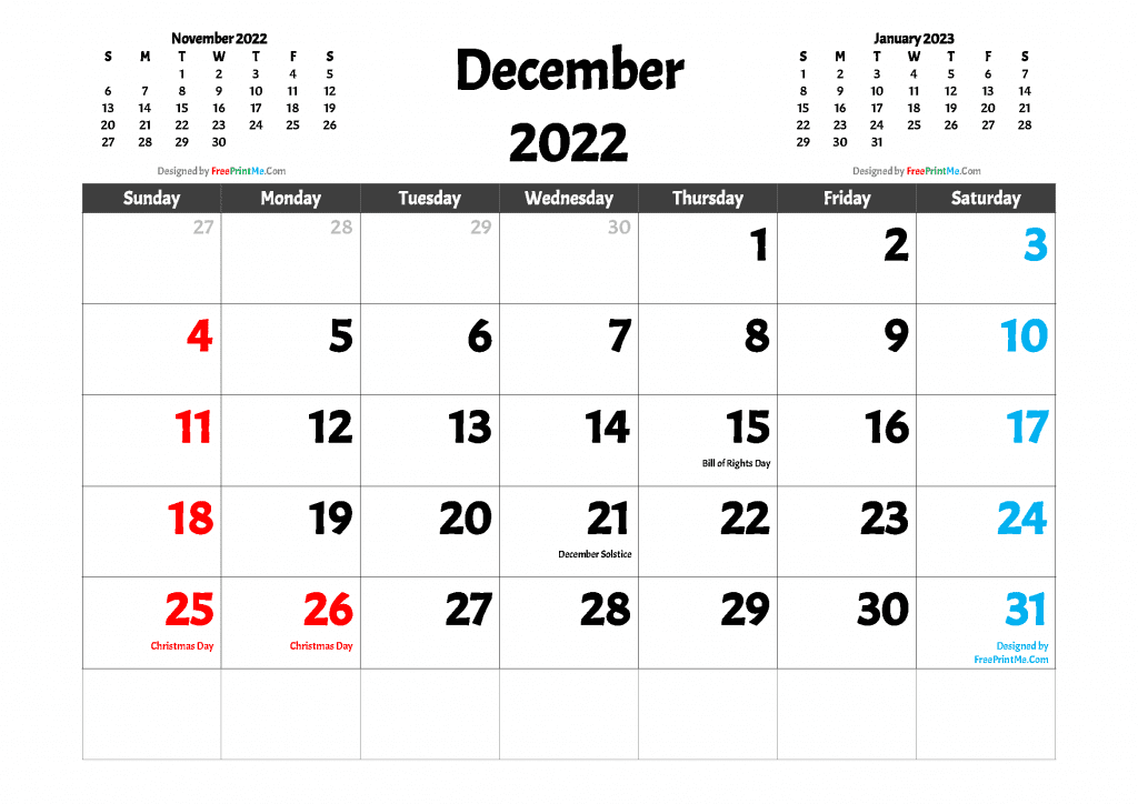 Free Printable December 2022 Calendar with Holidays as PDF and high resolutions Image (.PNG)