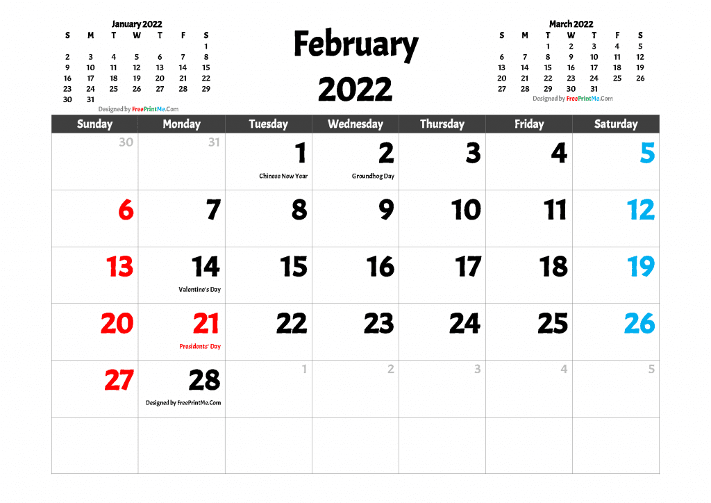 Free Printable February 2022 Calendar with Holidays as PDF and high resolutions Image (.PNG)
