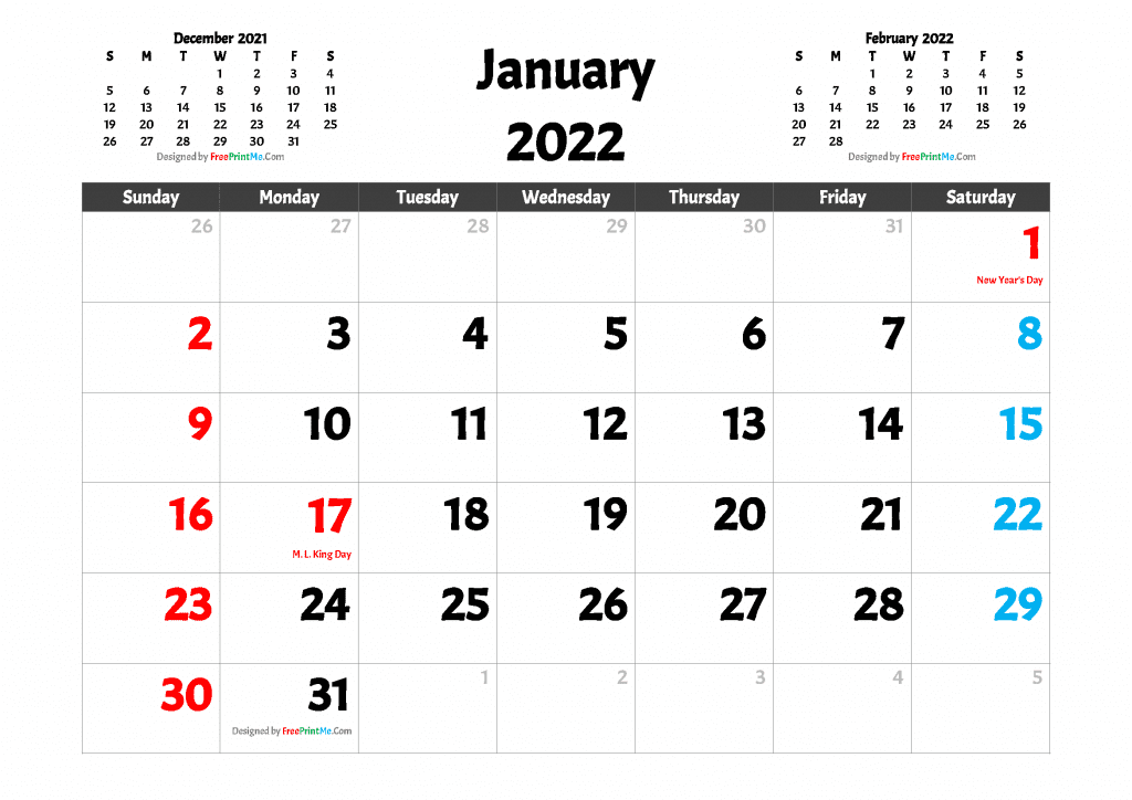 Printable January 2022 Calendar with Holidays