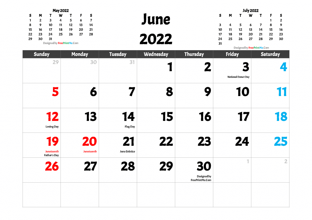 Free Printable June 2022 Calendar with Holidays as PDF and high resolutions Image (.PNG)