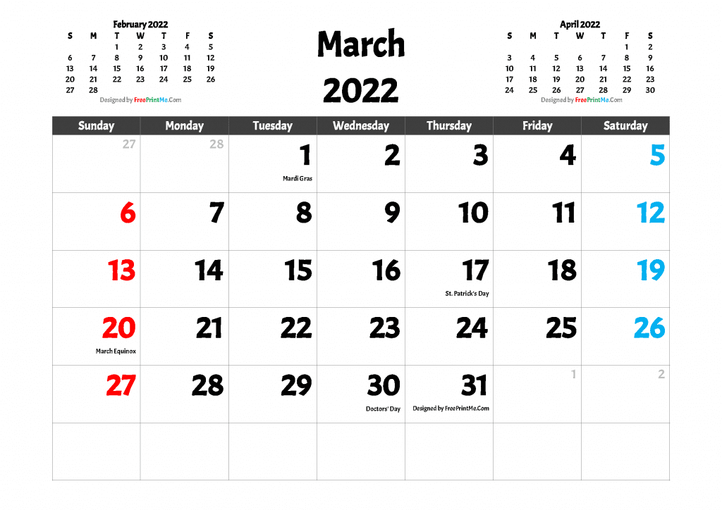 Free Printable March 2022 Calendar with Holidays as PDF and high resolutions Image (.PNG)