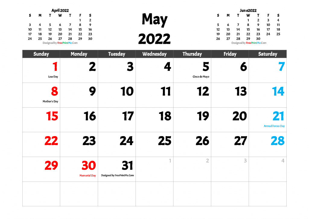 May 2022 Calendar With Holidays Free Printable May 2022 Calendar With Holidays - Freeprintme.com
