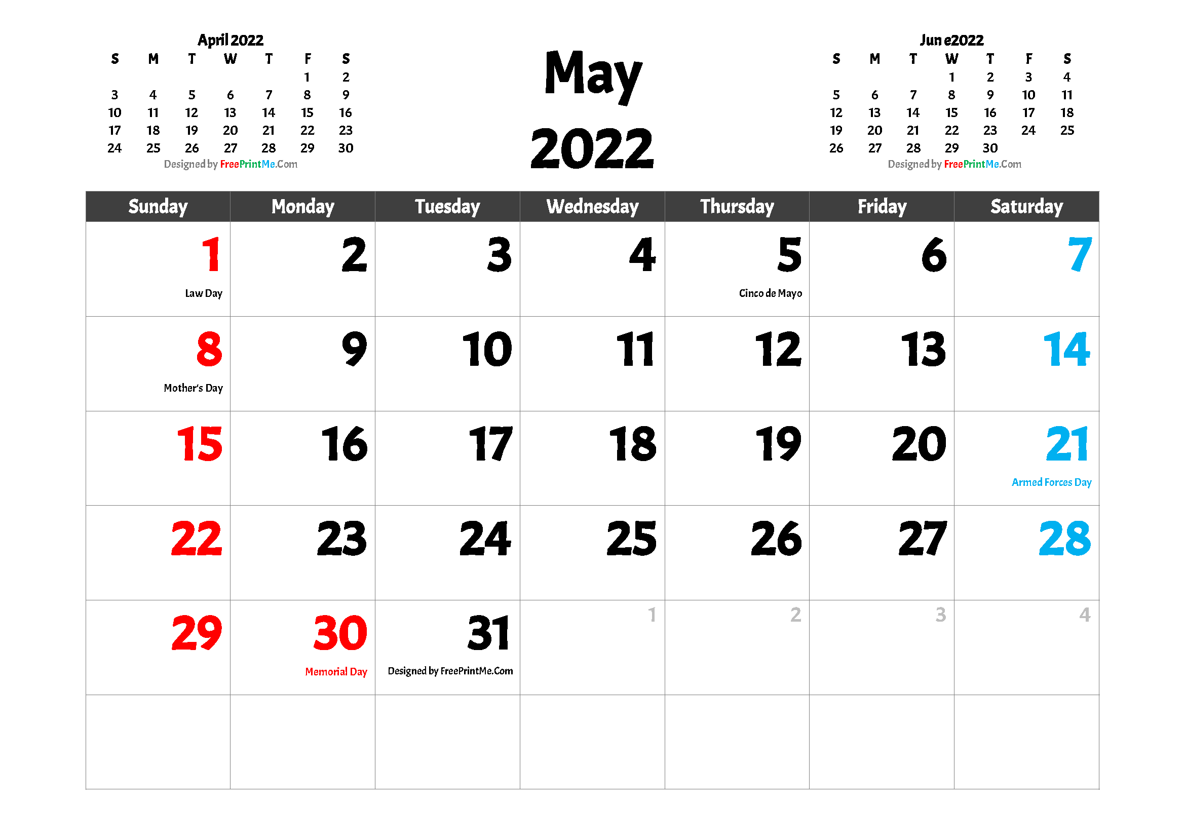 May 2022 Holiday Calendar Free Printable May 2022 Calendar With Holidays - Freeprintme.com