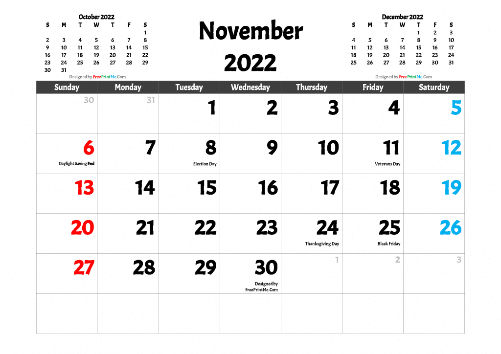 Free Printable November 2022 Calendar with Holidays as PDF and high resolutions Image (.PNG)