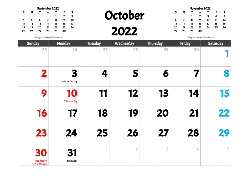 Free Printable October 2022 Calendar with Holidays as PDF and high resolutions Image (.PNG)