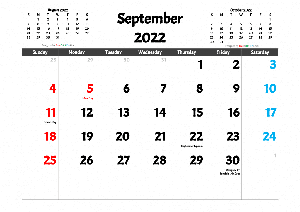 Free Printable September 2022 Calendar with Holidays as PDF and high resolutions Image (.PNG)