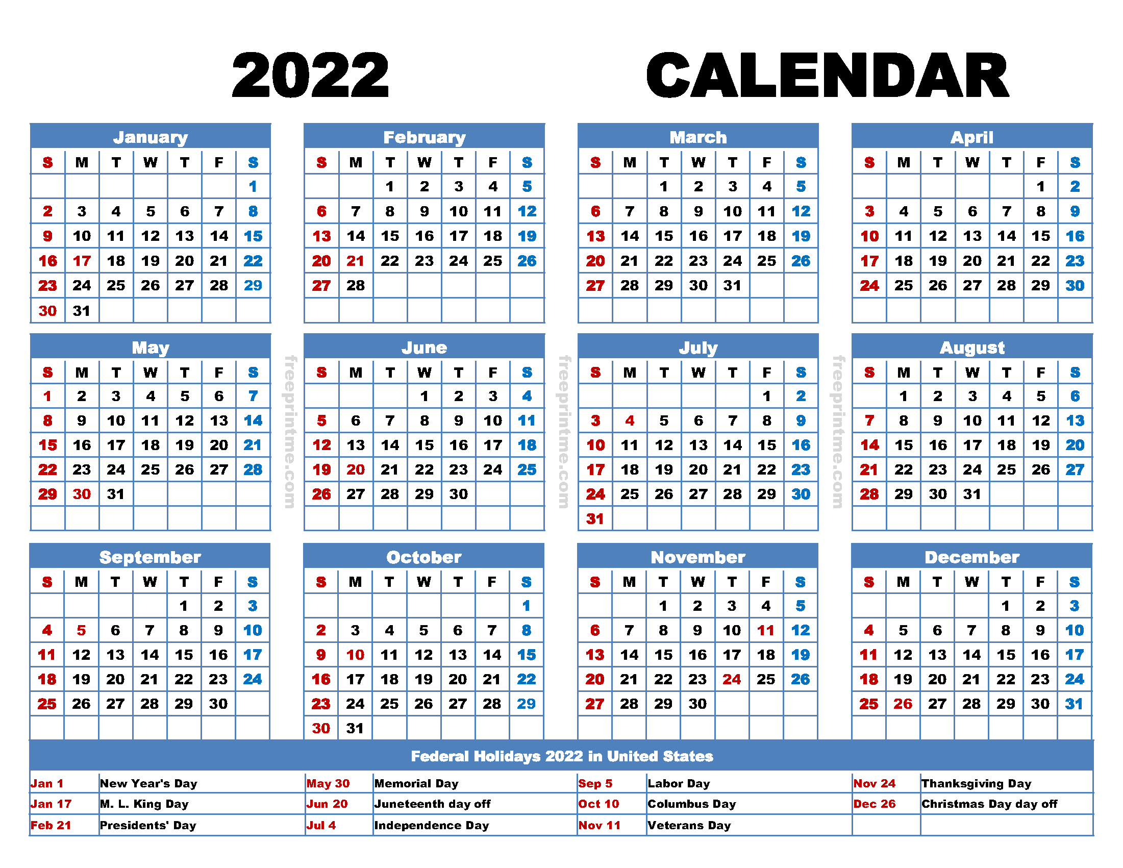 Free Printable 2022 Calendar With Holidays Pdf Png