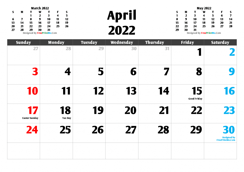 Free Printable April 2022 Calendar PDF and Image