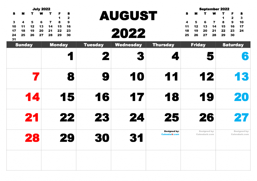 Free Printable August 2022 Calendar PDF and Image