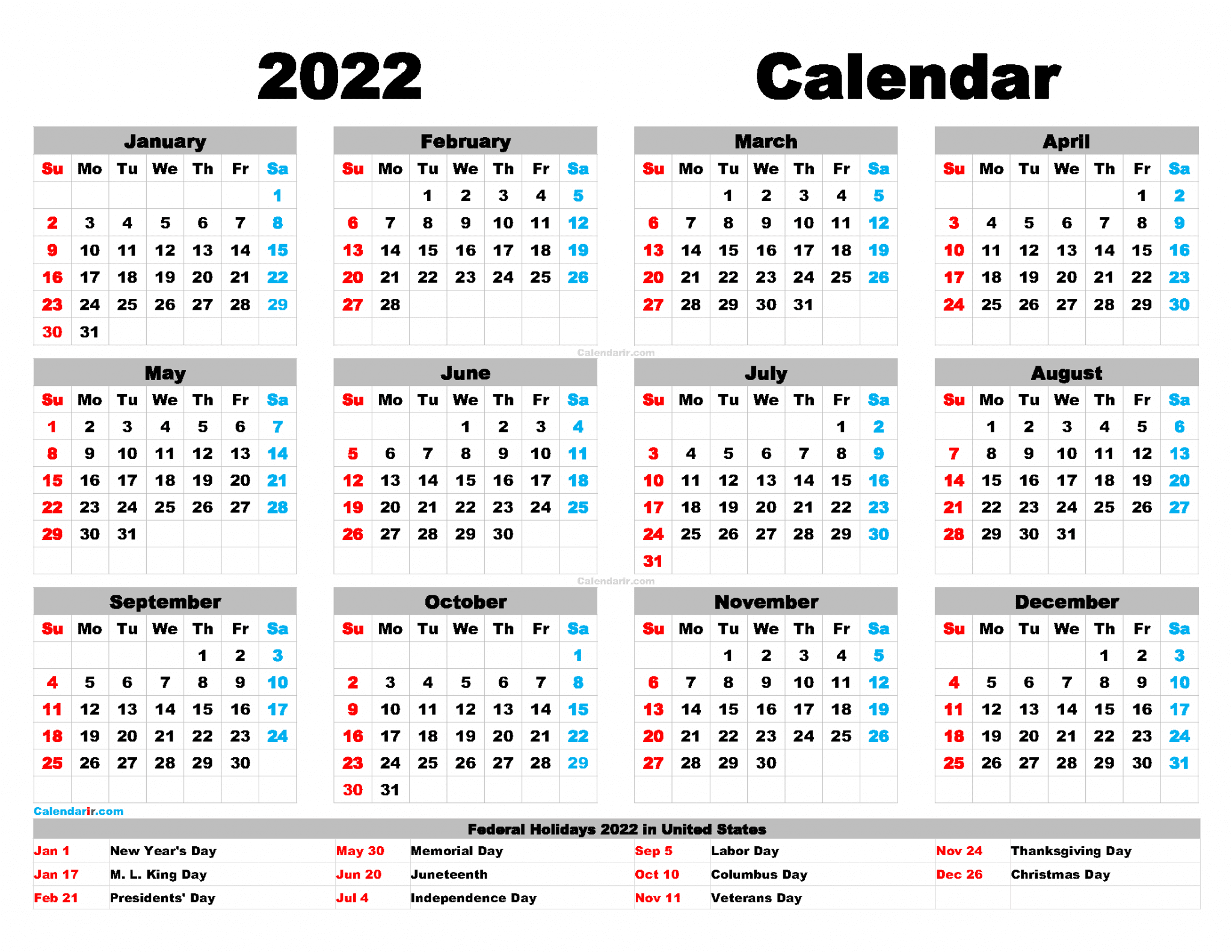 Free Printable 2022 Calendar With Holidays PDF, PNG