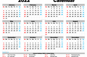 Free 2022 Yearly Calendar Printable as PDF and high resolution PNG image