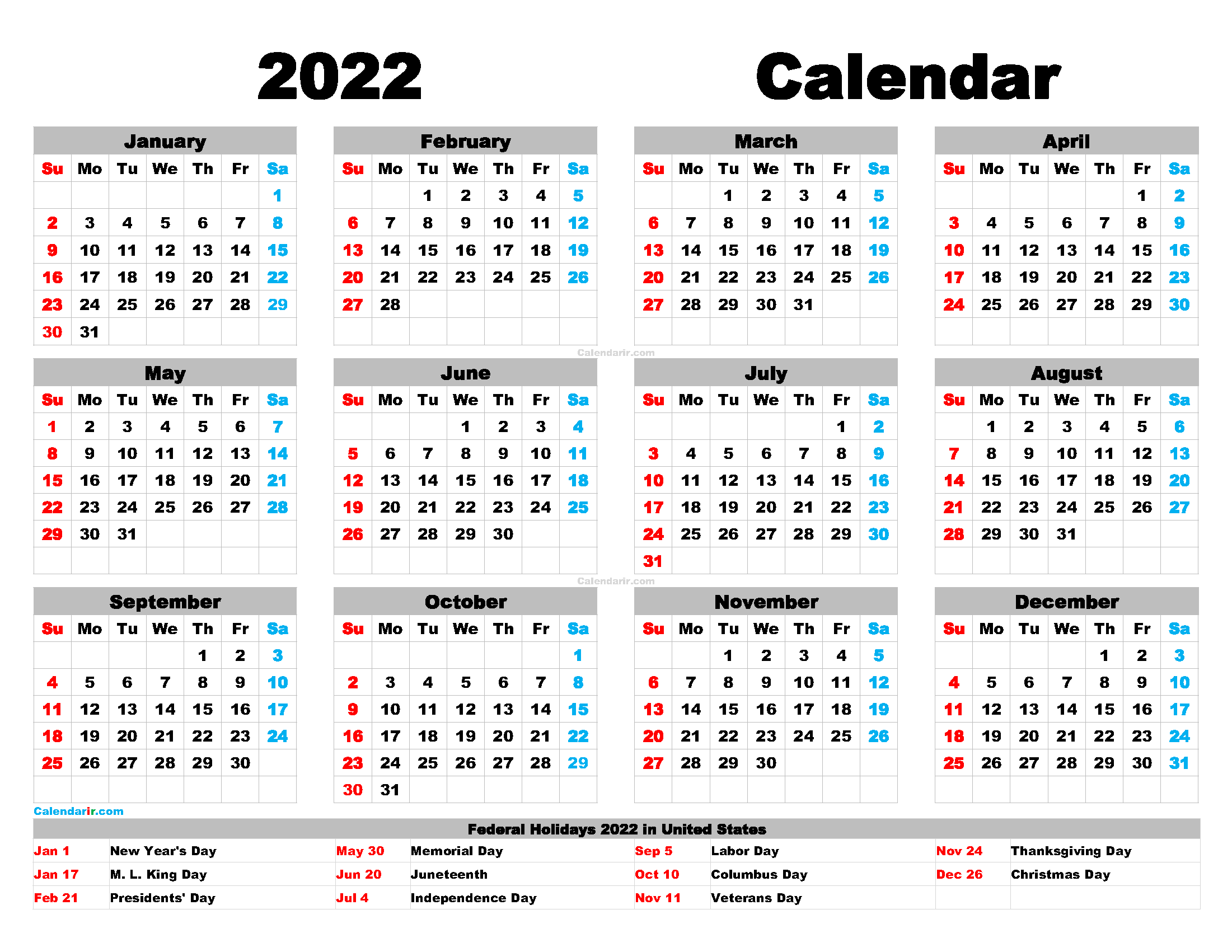 One Year Calendar 2022 Free Printable 2022 Calendar With Holidays Pdf, Png