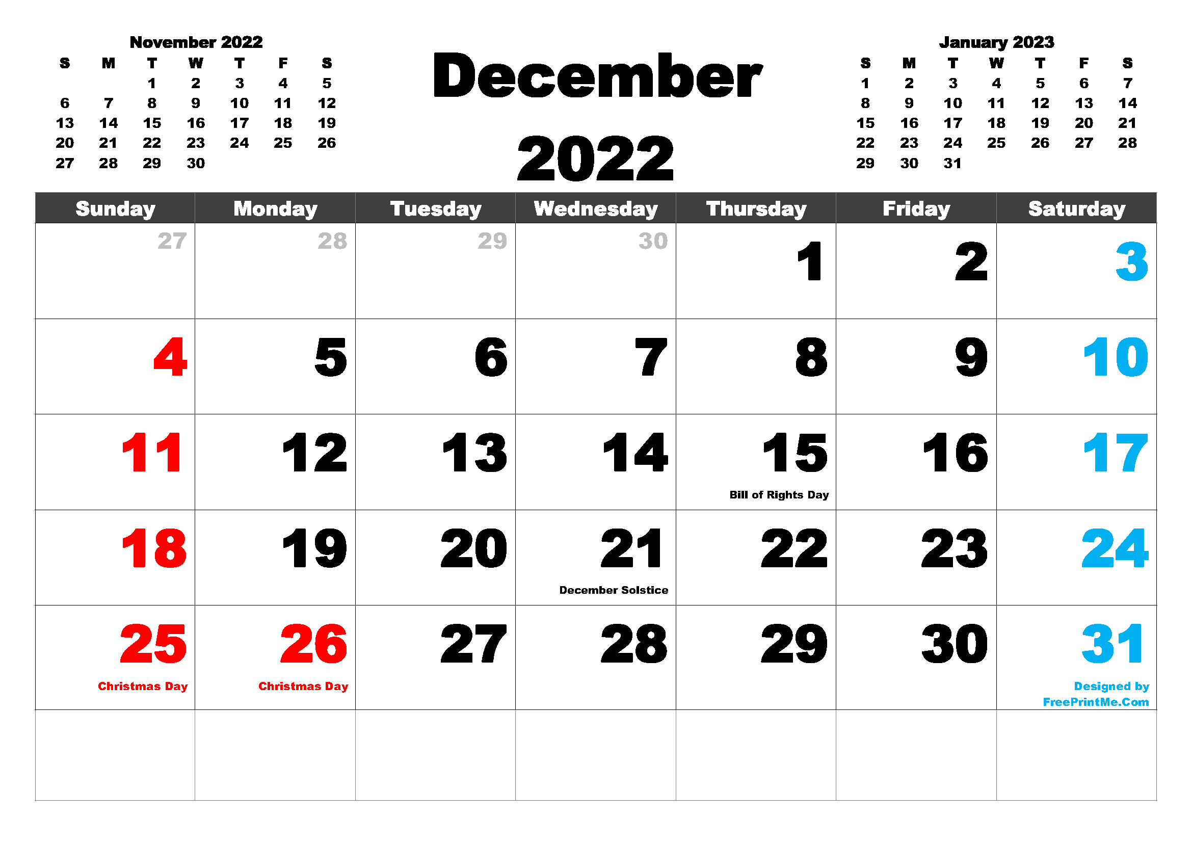 Free Printable December 2022 Calendar PDF PNG Image