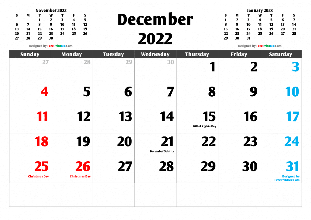 Free Printable December 2022 Calendar PDF, PNG Image