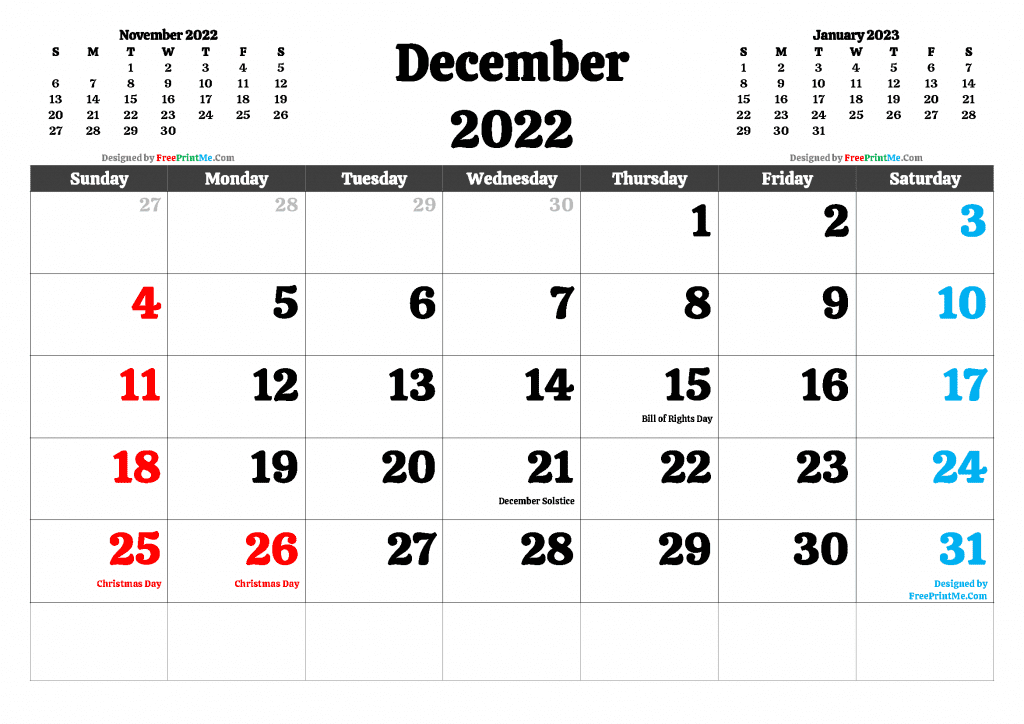 Free Printable December 2022 Calendar PDF, PNG Image