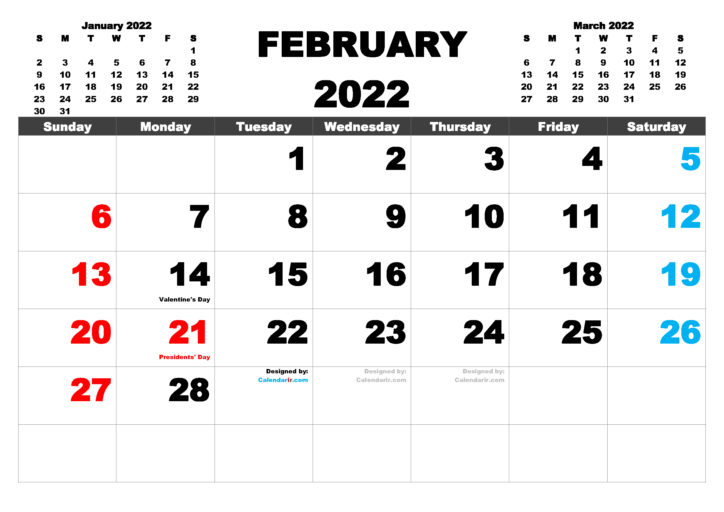 February 2022 Calendar With Holidays Usa Free Printable 2022 Monthly Calendar With Holidays (Pdf, Png)