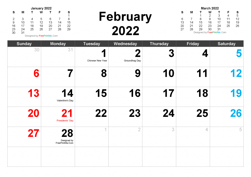 February 2022 Calendar One Month on One Page as PDF and Image