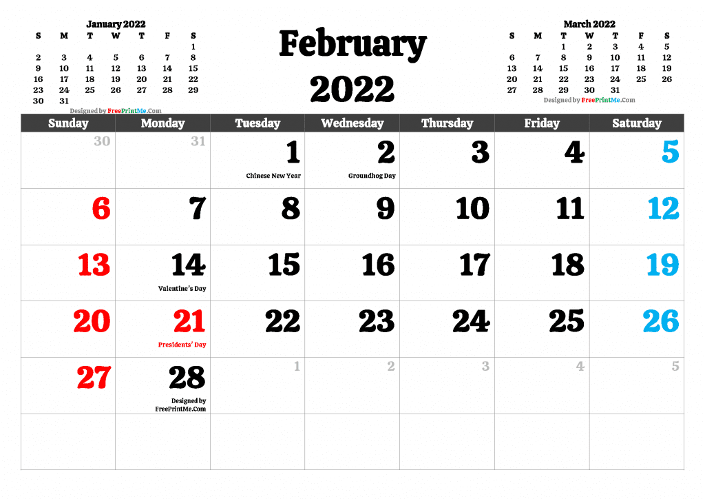 Free Printable February 2022 Calendar PDF and Image