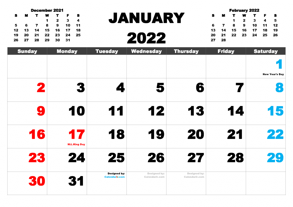 Dec 2021 And Jan 2022 Calendar Free Printable 2022 Monthly Calendar With Holidays