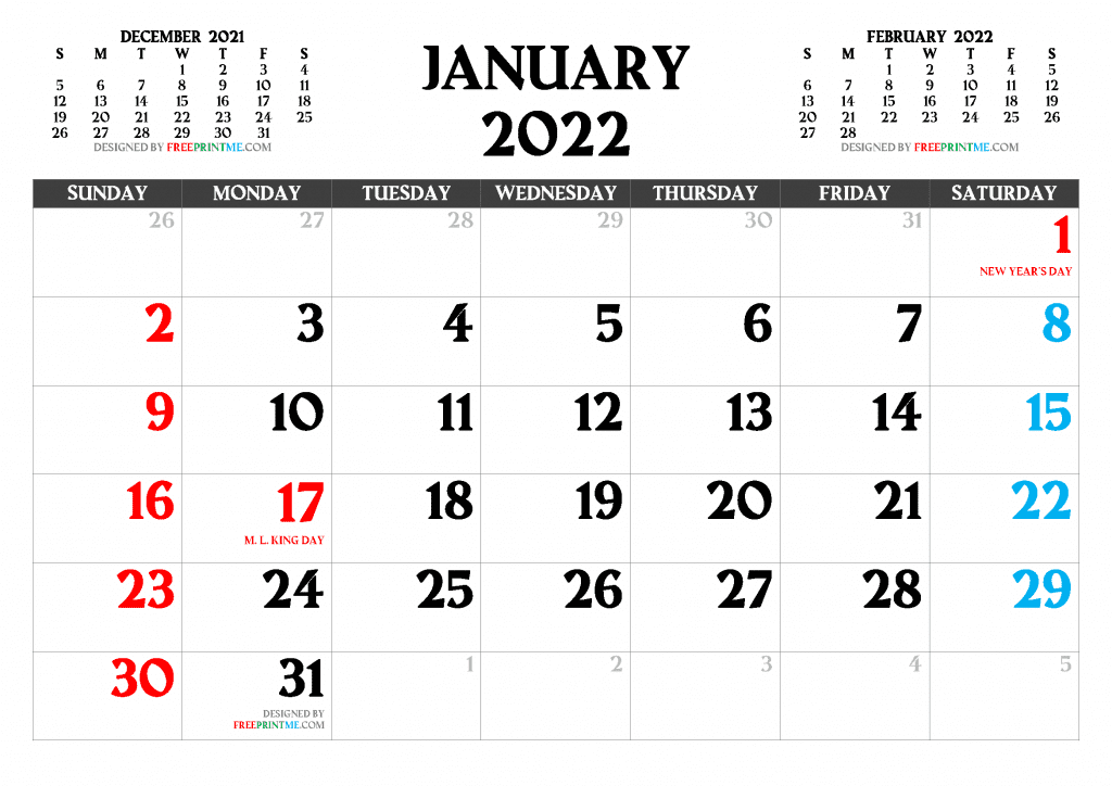 Free Printable January 2022 Calendar PDF and Image