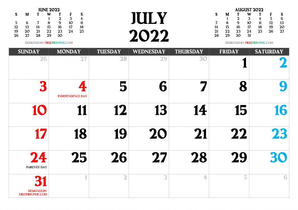 Free Printable July 2022 Calendar PDF and Image