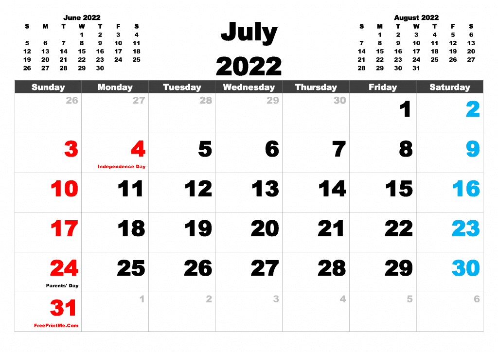 Free Printable July 2022 Calendar PDF and Image