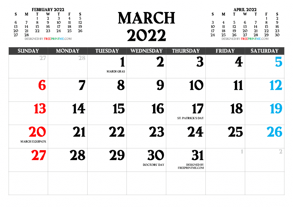 Free Printable March 2022 Calendar PDF and Image