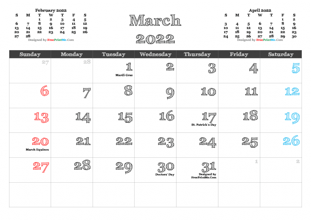 Free Printable March 2022 Calendar PDF and Image