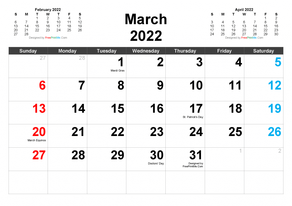 Download March 2022 Calendar Template PDF and Image