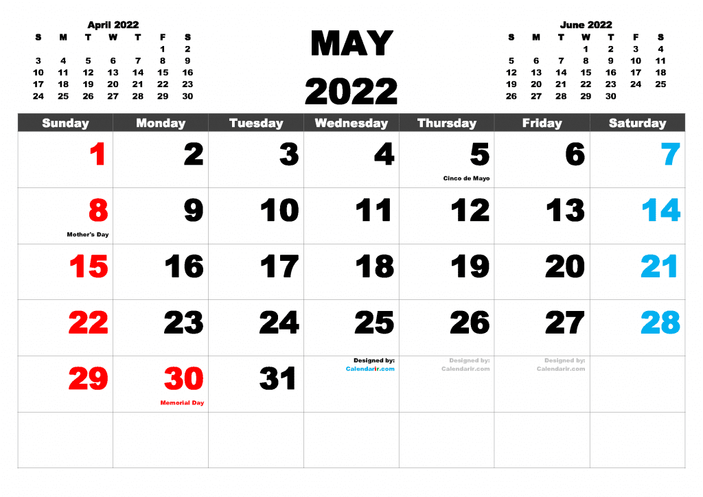 Free Printable May 2022 Calendar PDF and Image
