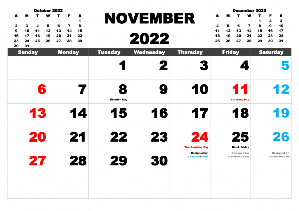 Free Printable November 2022 Calendar PDF and Image