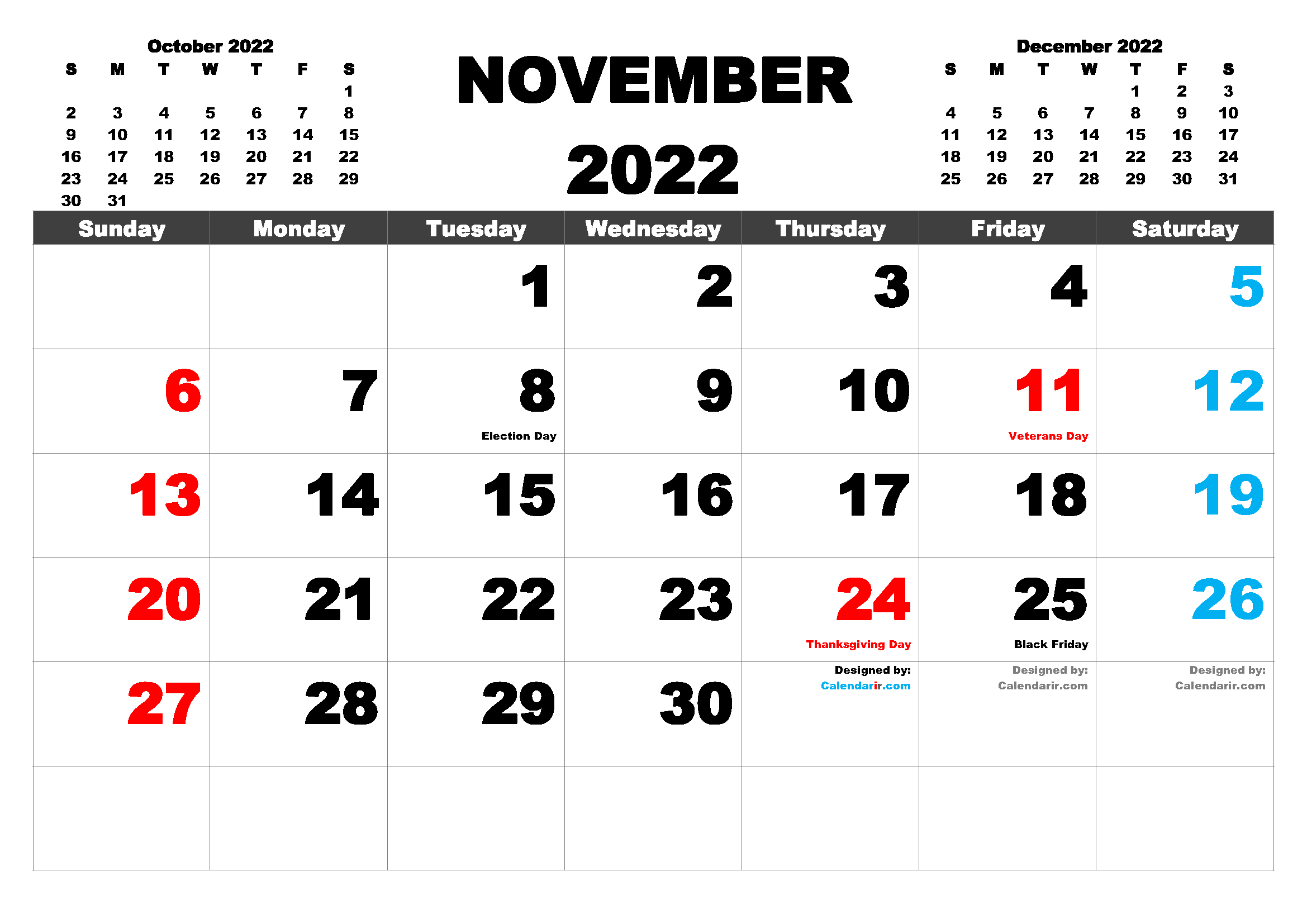 November 2022 Holiday Calendar Free Printable 2022 Monthly Calendar With Holidays (Pdf, Png)