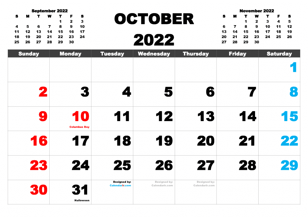 October 2022 Calendar Columbus Day Free Printable 2022 Monthly Calendar With Holidays