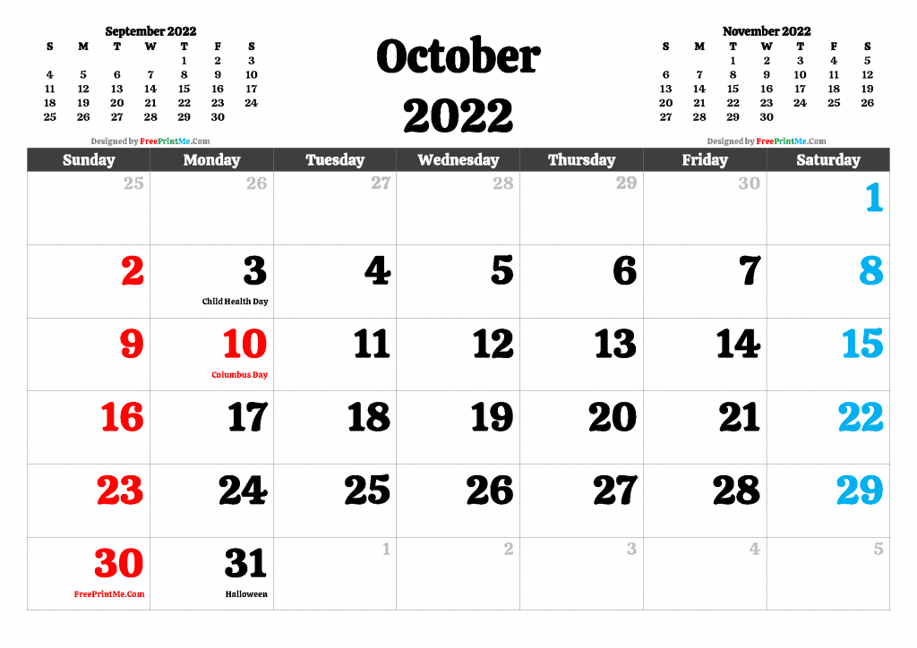 Free Printable October 2022 Calendar Pdf Png Image