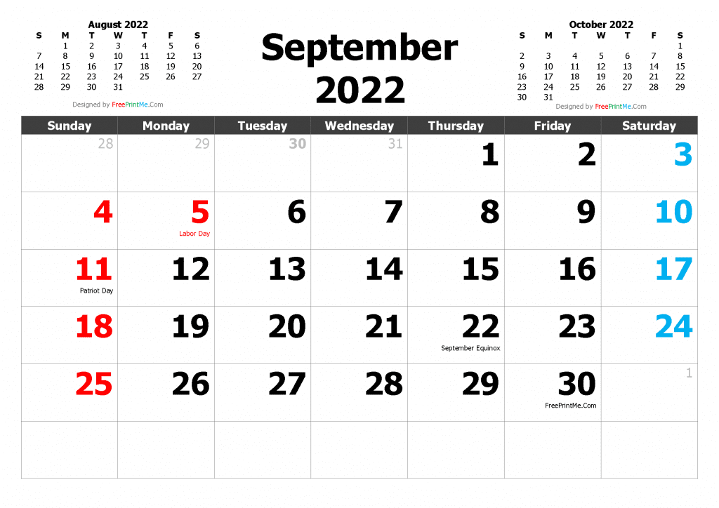 Free Printable September 2022 Calendar with Holidays PDF