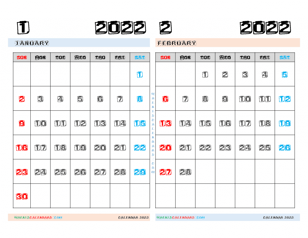 Free January February 2022 Calendar Printable PDF and Image