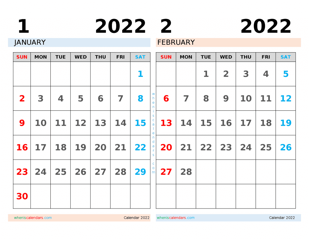 Free January February 2022 Calendar Printable PDF and Image