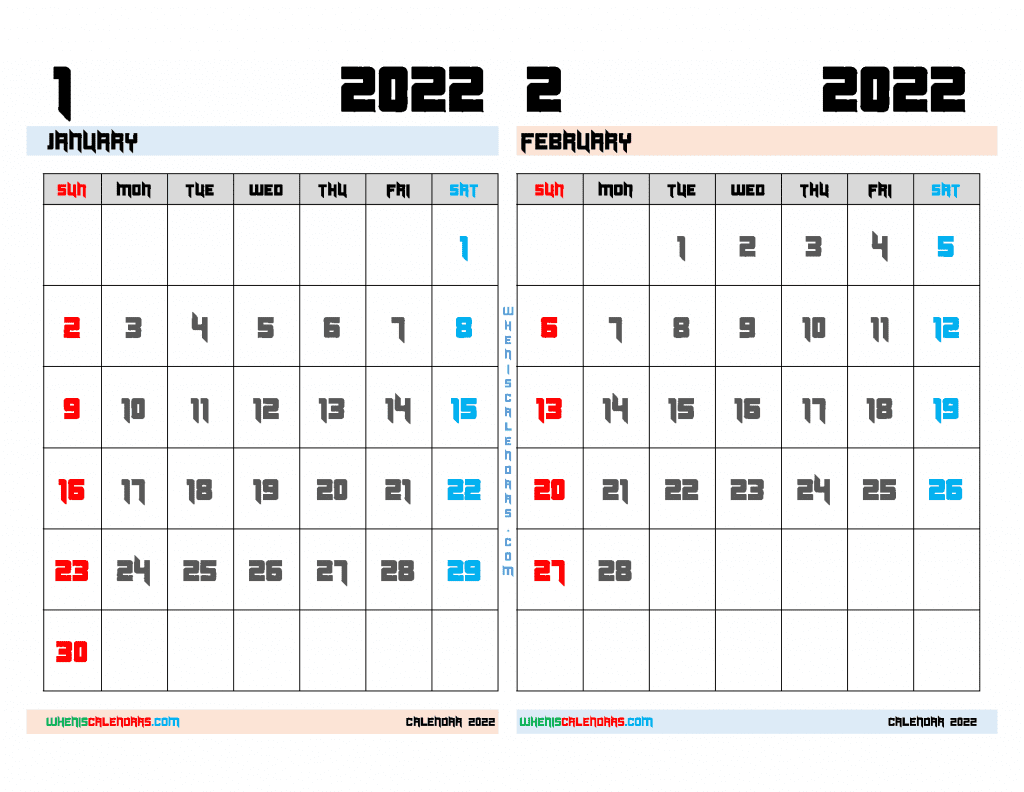Free January and February 2022 Calendar Printable PDF and Image