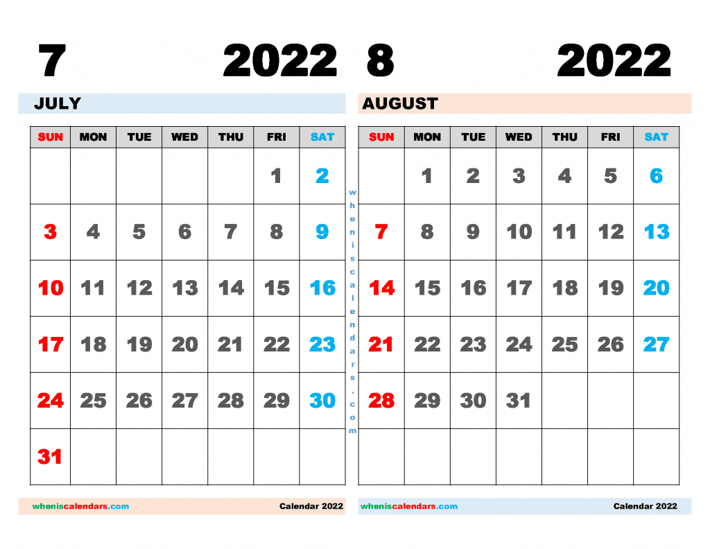 Free July August 2022 Calendar Printable PDF, Image