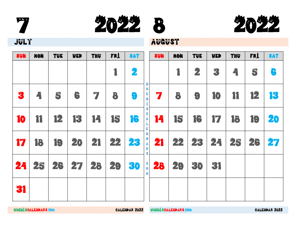 Free July August 2022 Calendar Printable PDF, Image