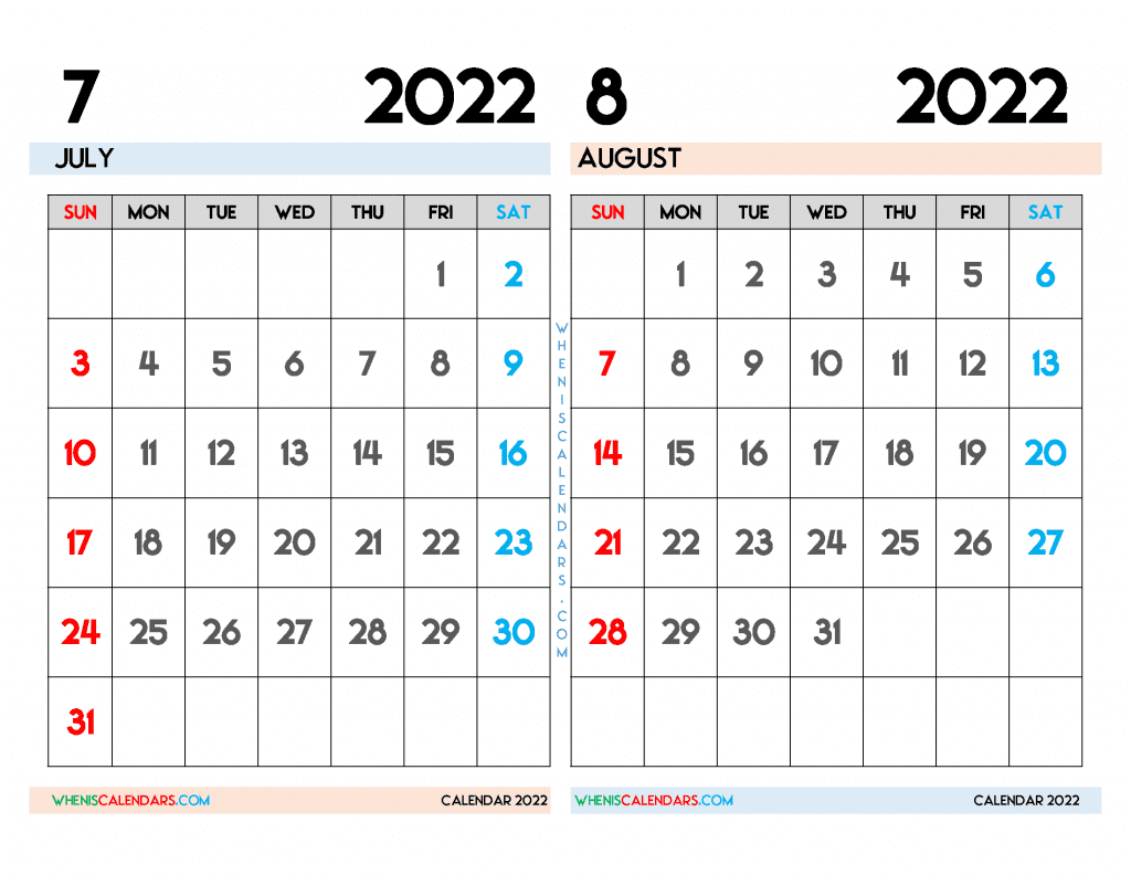 June August 2022 Calendar Free July August 2022 Calendar Printable Pdf, Image - Freeprintme.com
