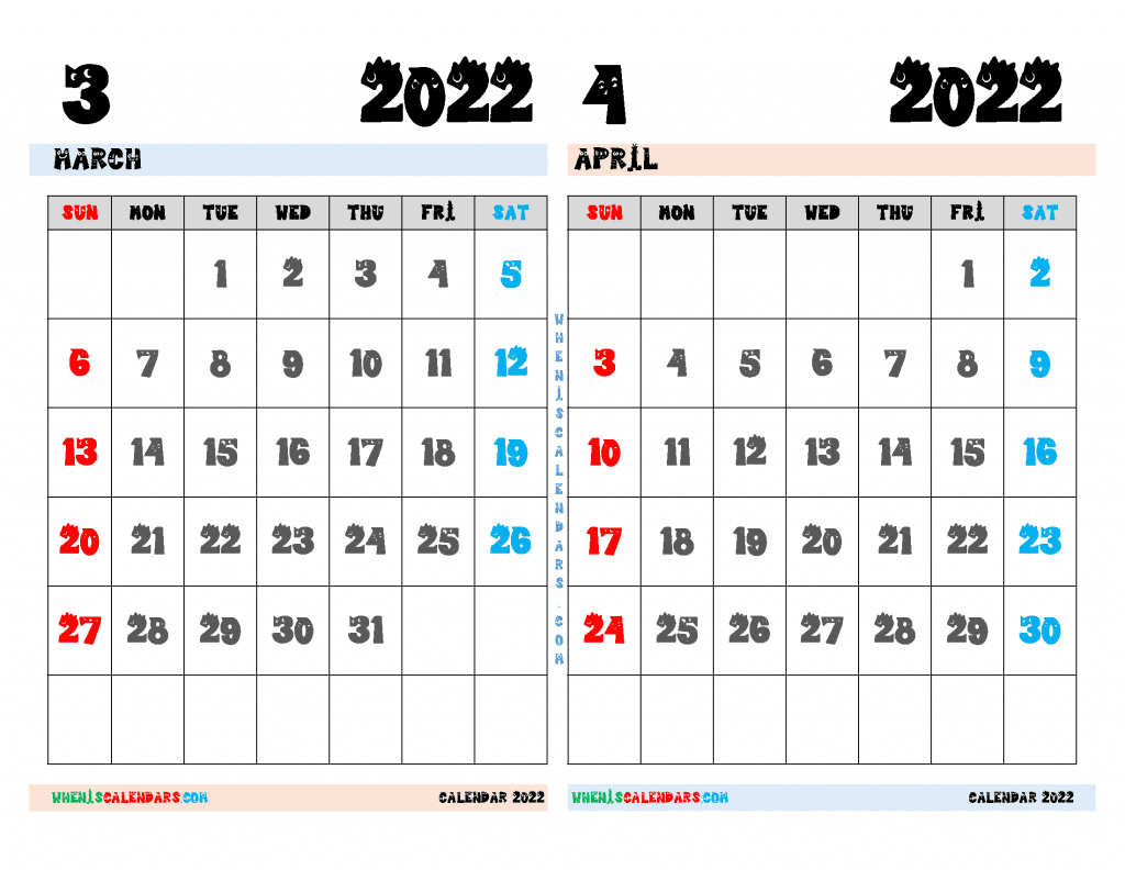 Free March April 2022 Calendar Printable PDF and Image Landscape Format