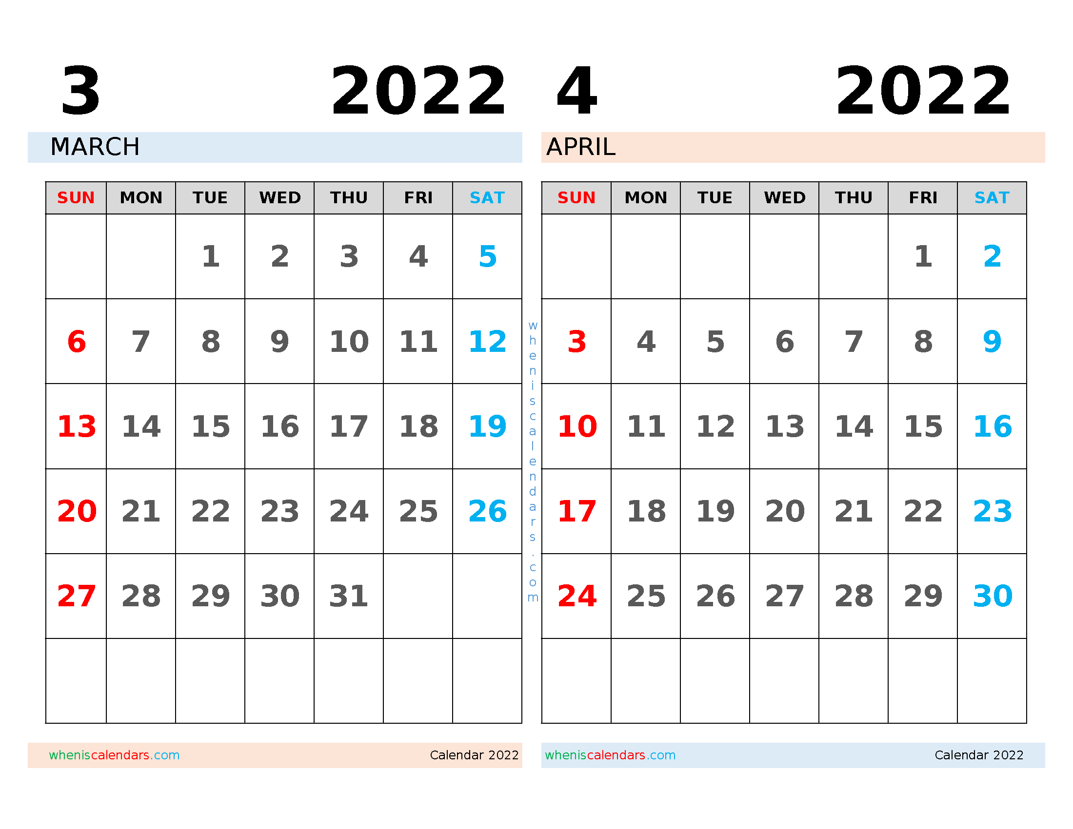 March And April Calendar 2022 Free March April 2022 Calendar Printable Pdf - Freeprintme.com