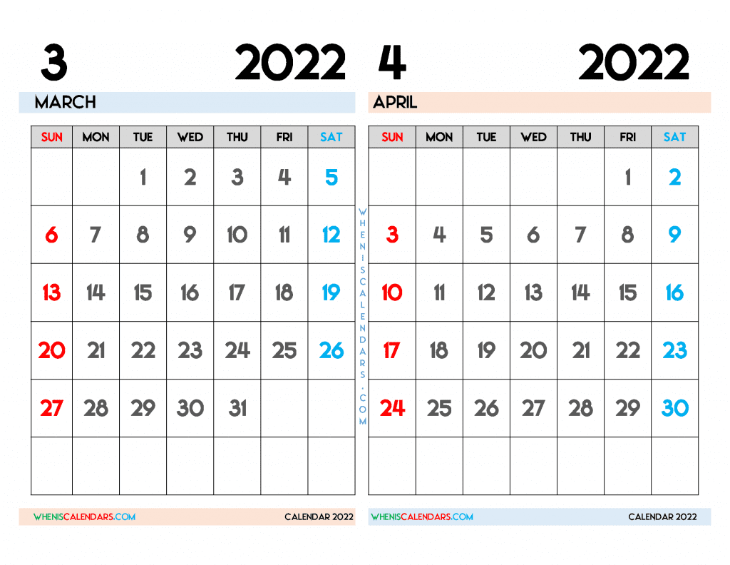 Free March April 2022 Calendar Printable PDF and Image Landscape Format