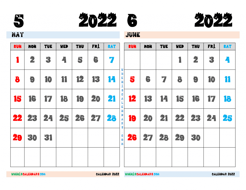 Free May June 2022 Calendar Printable PDF and Image Landscape Format