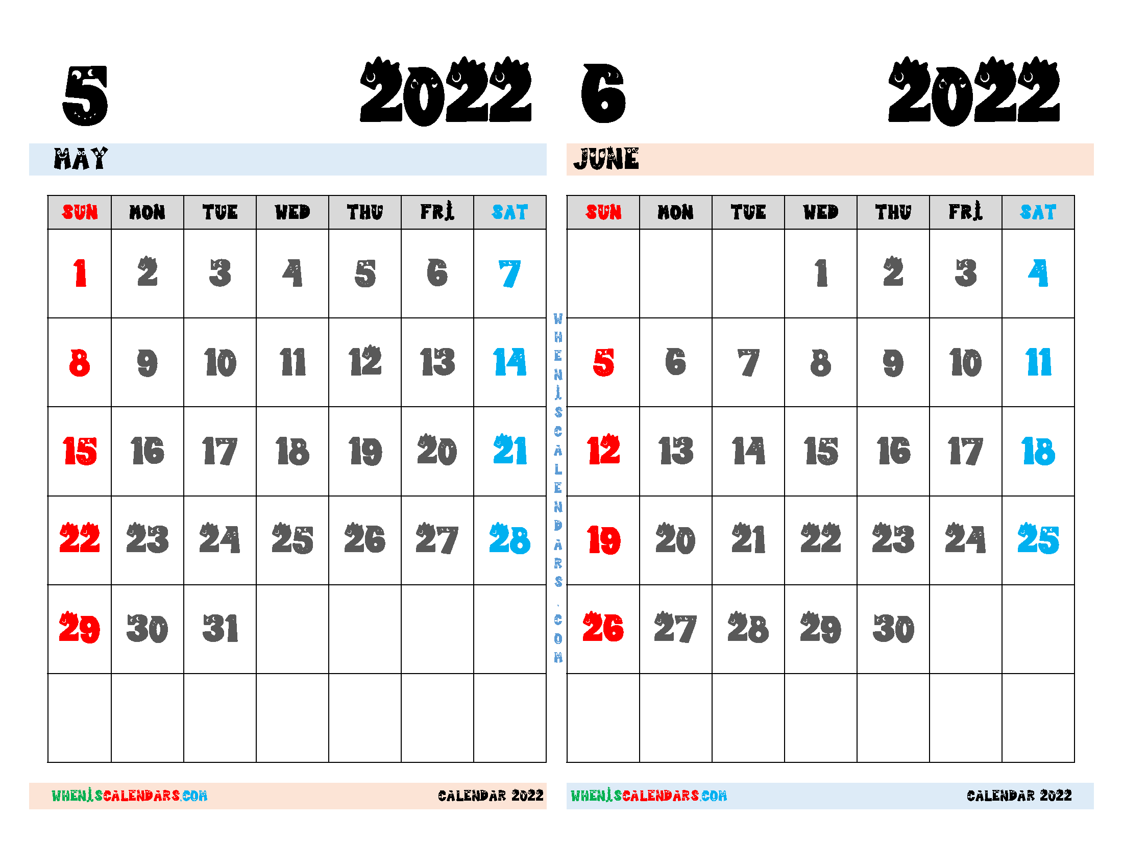 Free May June 2022 Calendar Printable Pdf - Freeprintme.com